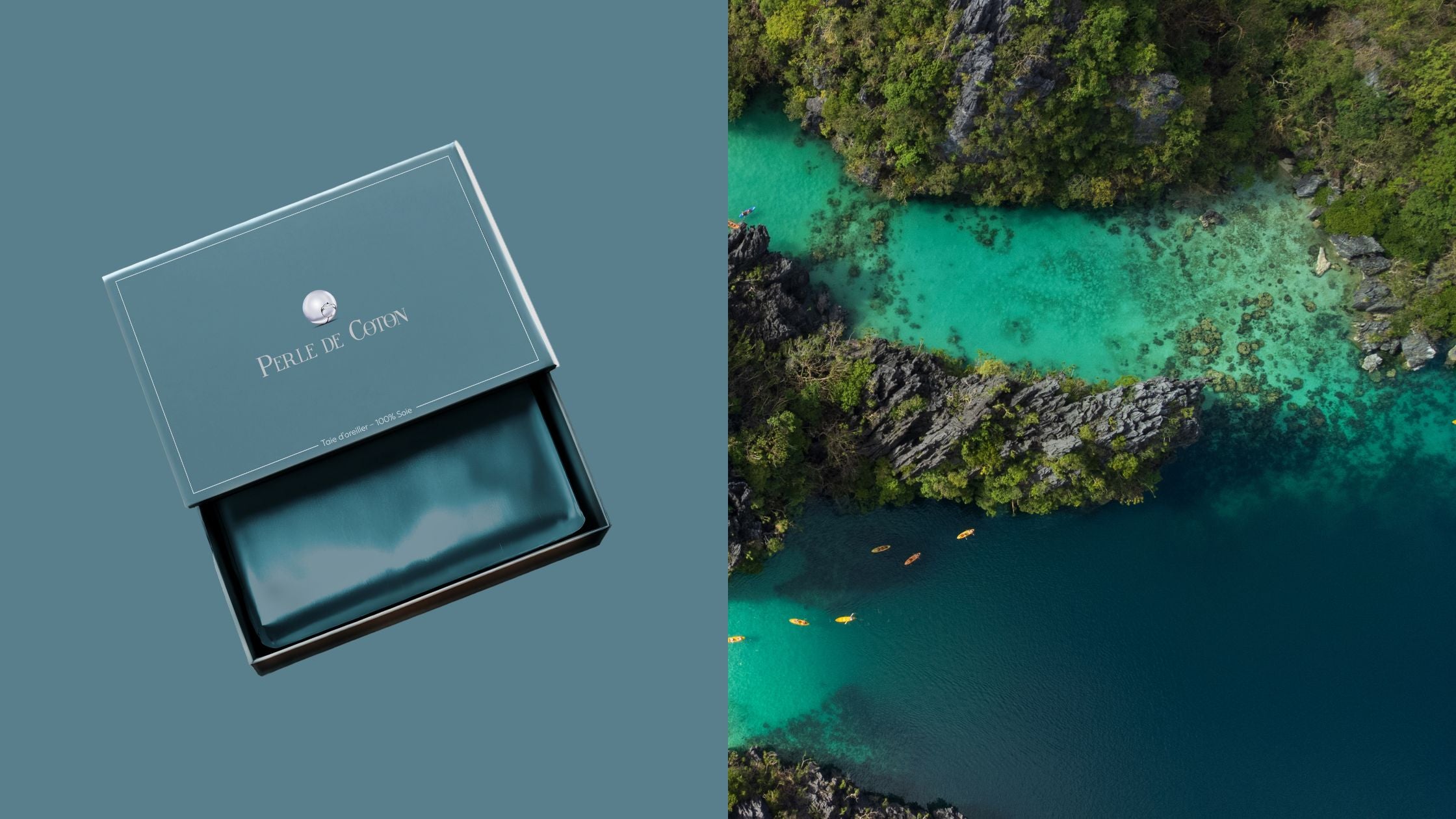 Boîte avec taie d'oreiller en soie à gauche, nature et mer vue du ciel à droite