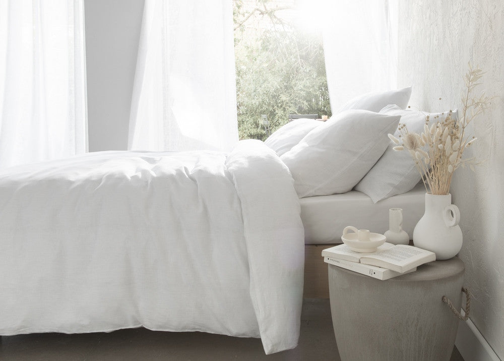 BLANC - Parure Housse de Couette 100% LIN Lavé