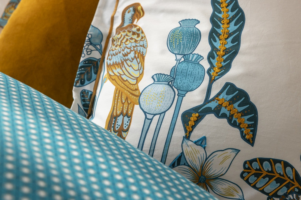 KINSTON taie d'oreiller brodée avec motifs feuilles et perroquet